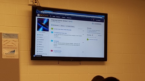 All eyes: Tim’s students can follow along on Schoology as he manipulates the monitor to show them how to find their course materials.